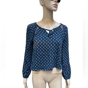 Hollister Top Womens XS Blue Tunic Long Sleeve Cropped Crochet Inset Boho Chic